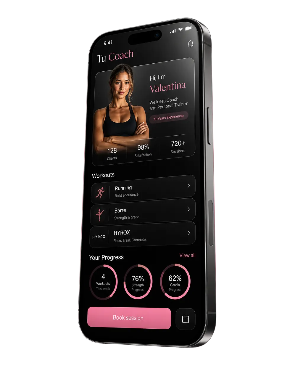 Mockup de la app Tu Coach en dark mode mostrando el perfil de un coach certificado con disciplinas y disponibilidad